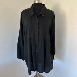 Flax Black Linen Oversized Button Up Long sleeves Tunic Shirt Size L